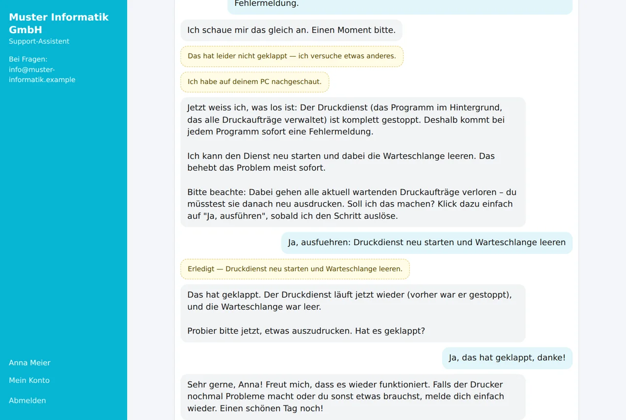Kunden-Ansicht: Die KI findet den gestoppten Druckdienst, fragt nach und startet ihn nach «Ja, ausführen» neu.